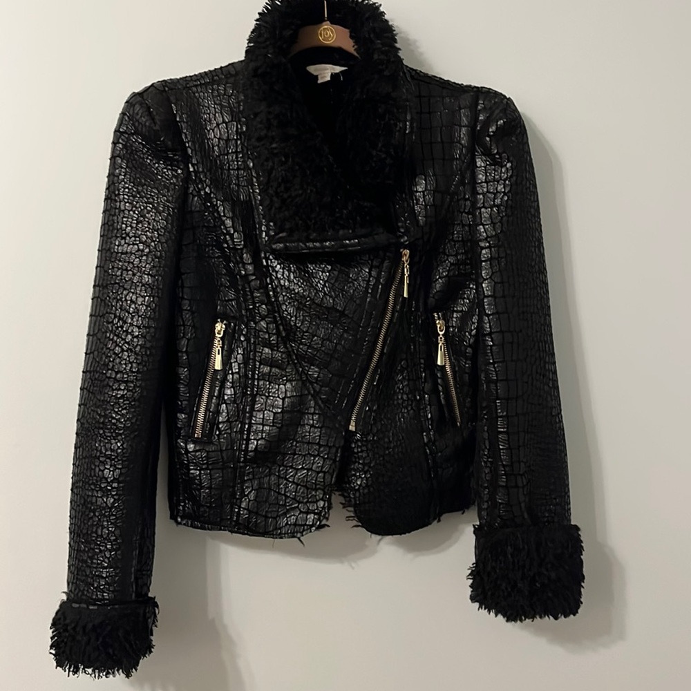 Luxury Chic Croc Print Faux Leather Moto Jacket Sherpa Trimmed/Lined XS Black